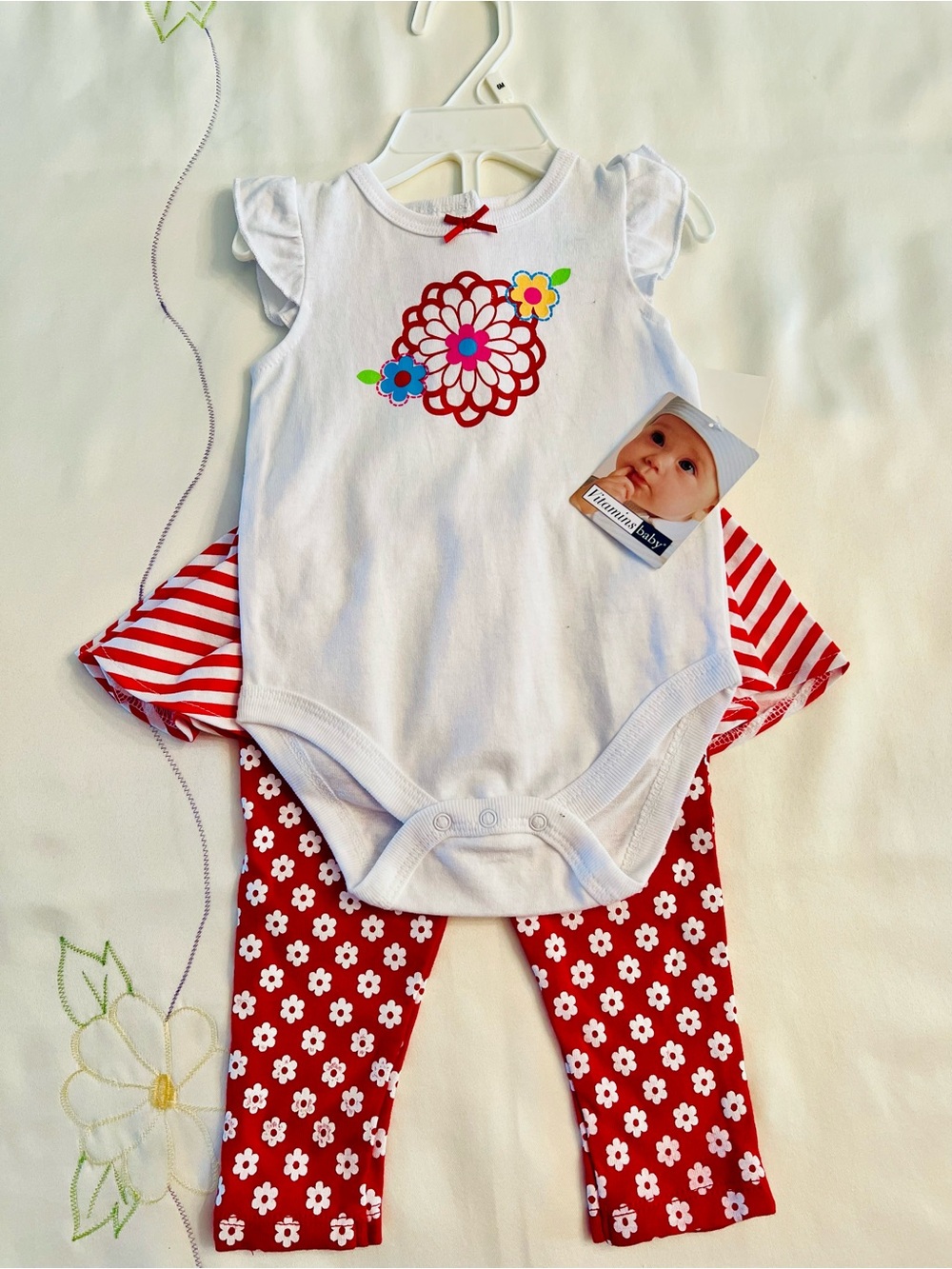 Vitamins Baby White Red Floral Bodysuit with Red Floral Leggings